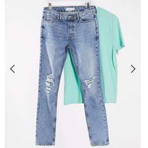 Topman | Organic Cotton Blend Stretch Skinny Jeans with Blowout Rips